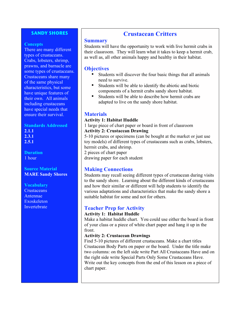 Crustacean Critters Summary Concepts Students Will Have the Opportunity to Work with Live Hermit Crabs in There Are Many Different Their Classroom