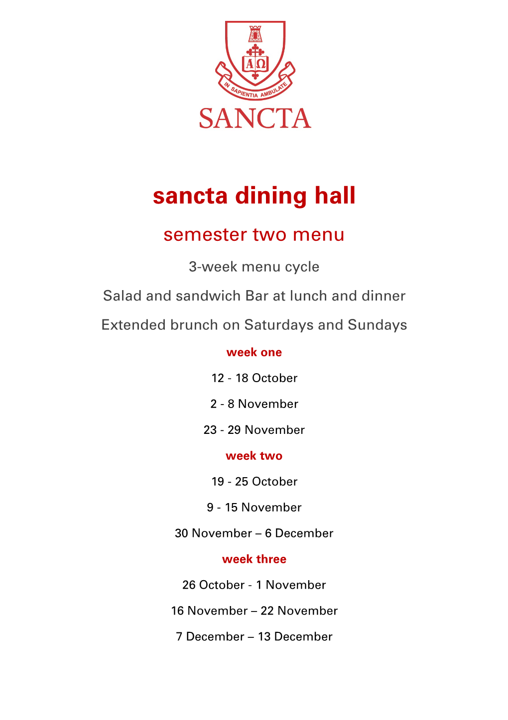 Sancta Dining Hall Semester Two Menu
