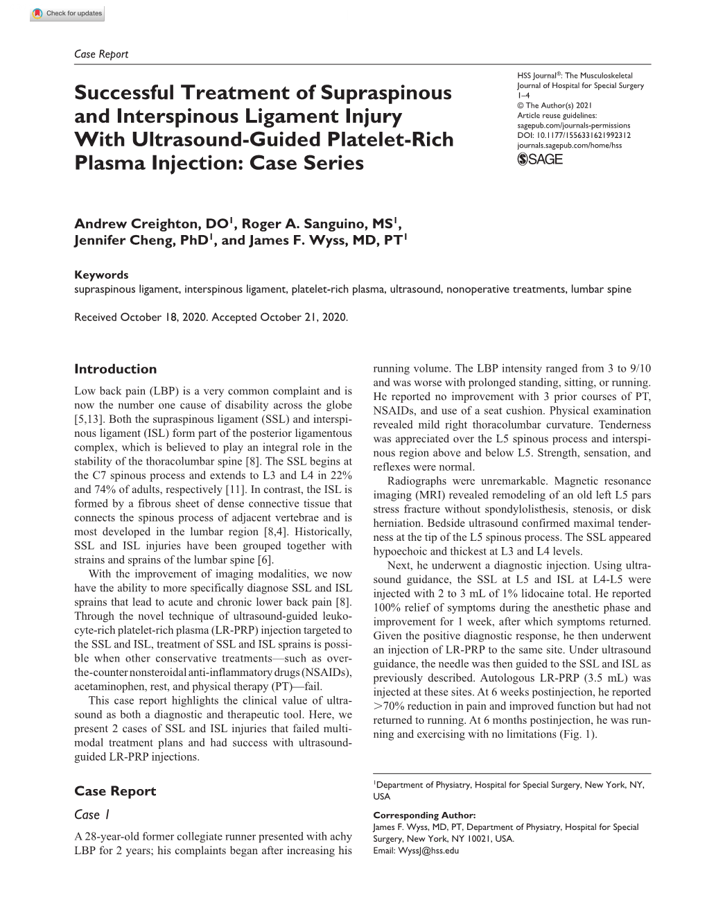 Successful Treatment of Supraspinous and Interspinous Ligament Injury with Ultrasound-Guided Platelet-Rich Plasma Injection