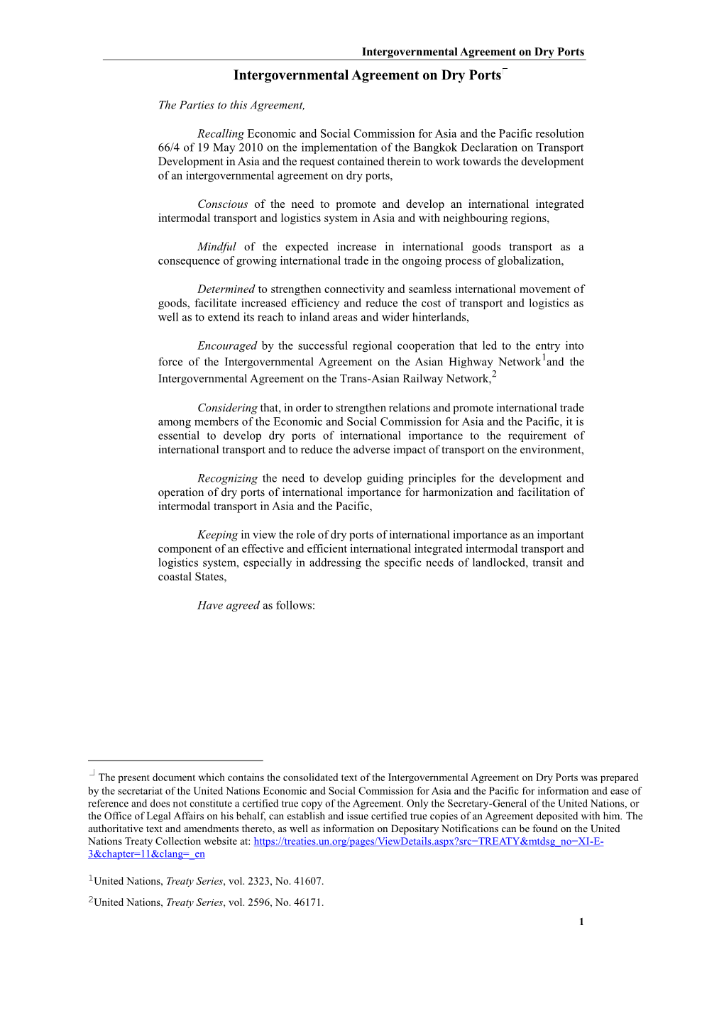 Intergovernmental Agreement on Dry Ports Intergovernmental Agreement on Dry Ports
