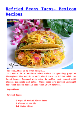 Refried Beans Tacos- Mexican Recipes