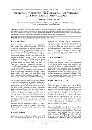 Medicinal Properties and Biological Activities of Cyclamen Alpinum (Primulaceae)