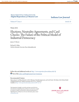 Elections, Neutrality Agreements, and Card Checks: the Aif Lure of the Political Model of Industrial Democracy James Y