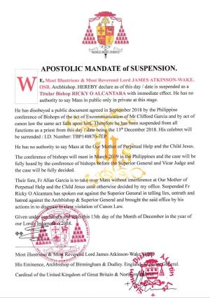 APOSTOLIC MAI\DATE of SUSPENSION