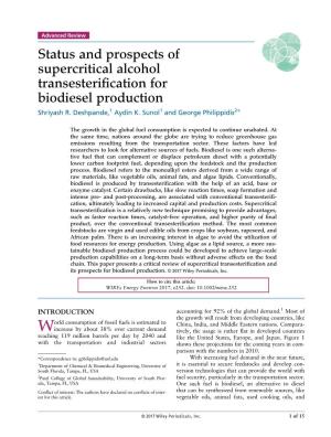 Status and Prospects of Supercritical Alcohol Transesterification for Biodiesel Production
