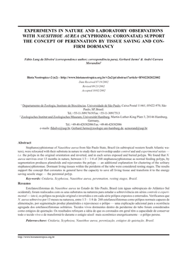 Scyphozoa: Coronatae) Support the Concept of Perennation by Tissue Saving and Con- Firm Dormancy