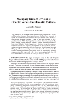 Malagasy Dialect Divisions: Genetic Versus Emblematic Criteria