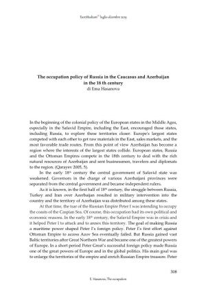 The Occupation Policy of Russia in the Caucasus and Azerbaijan in the 18 Th Century Di Ema Hasanova