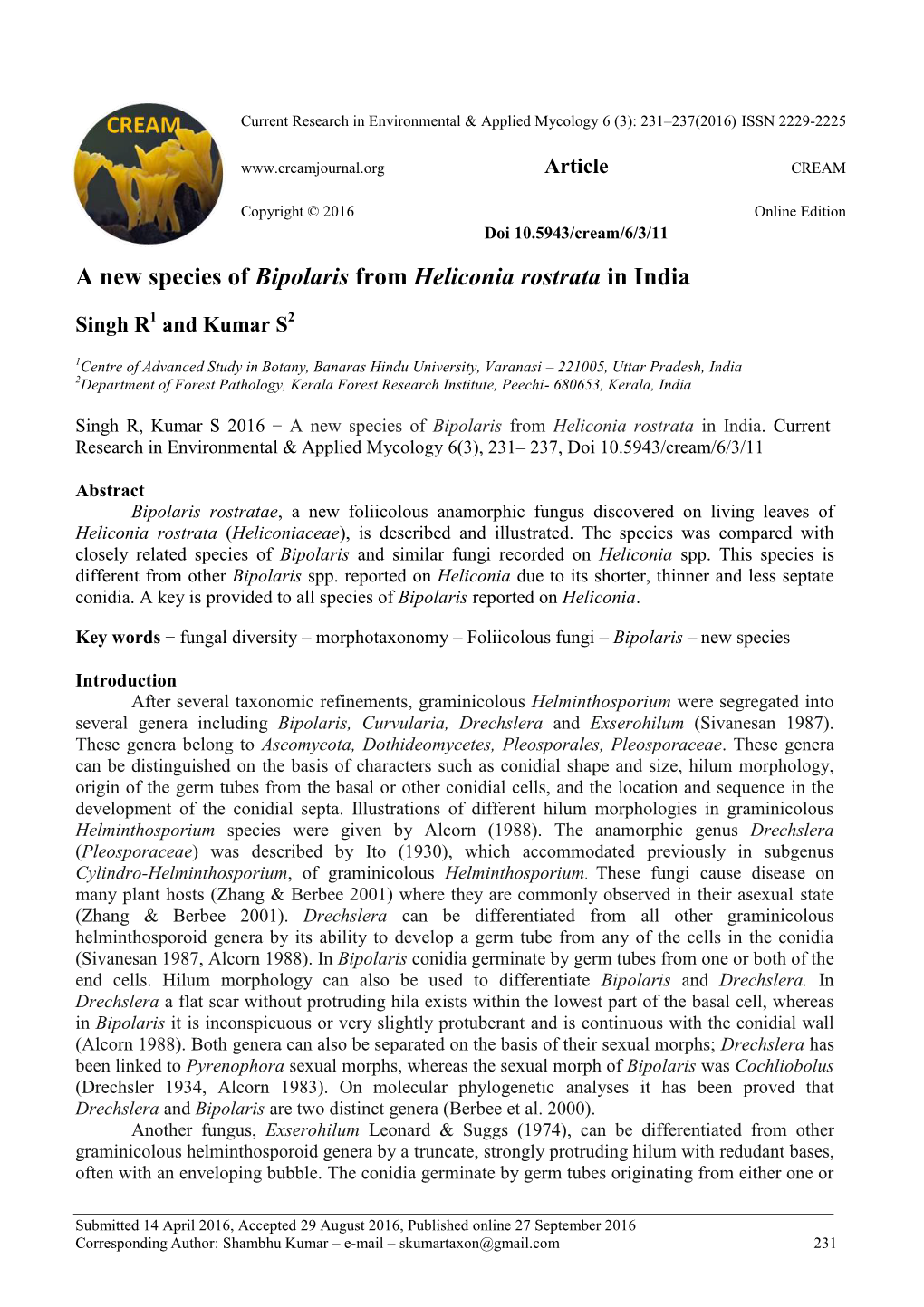 A New Species of Bipolaris from Heliconia Rostrata in India