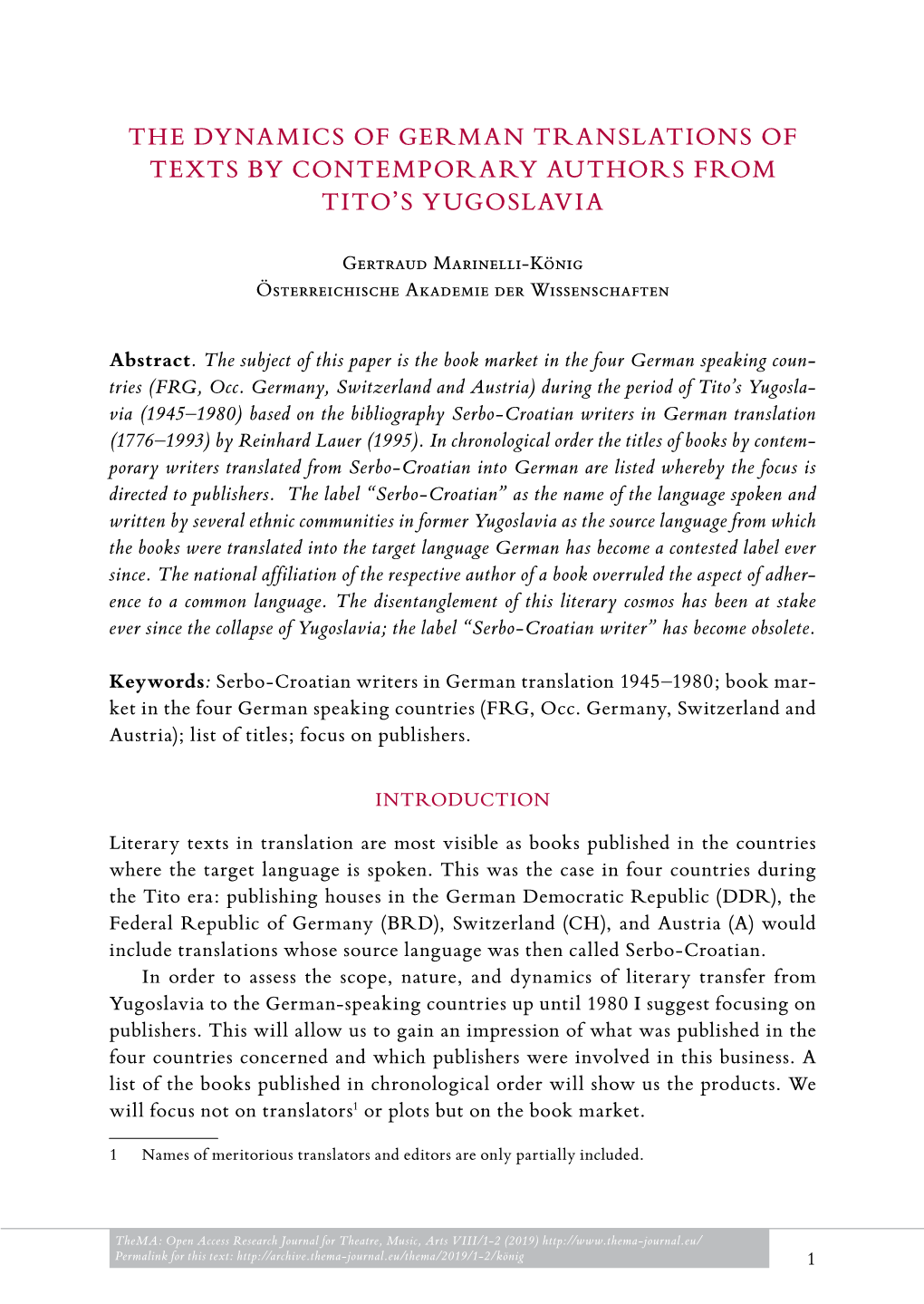 The Dynamics of German Translations of Texts by Contemporary Authors from Tito’S Yugoslavia