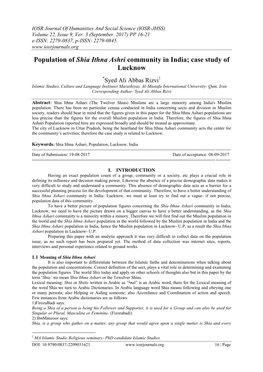 Population of Shia Ithna Ashri Community in India; Case Study of Lucknow