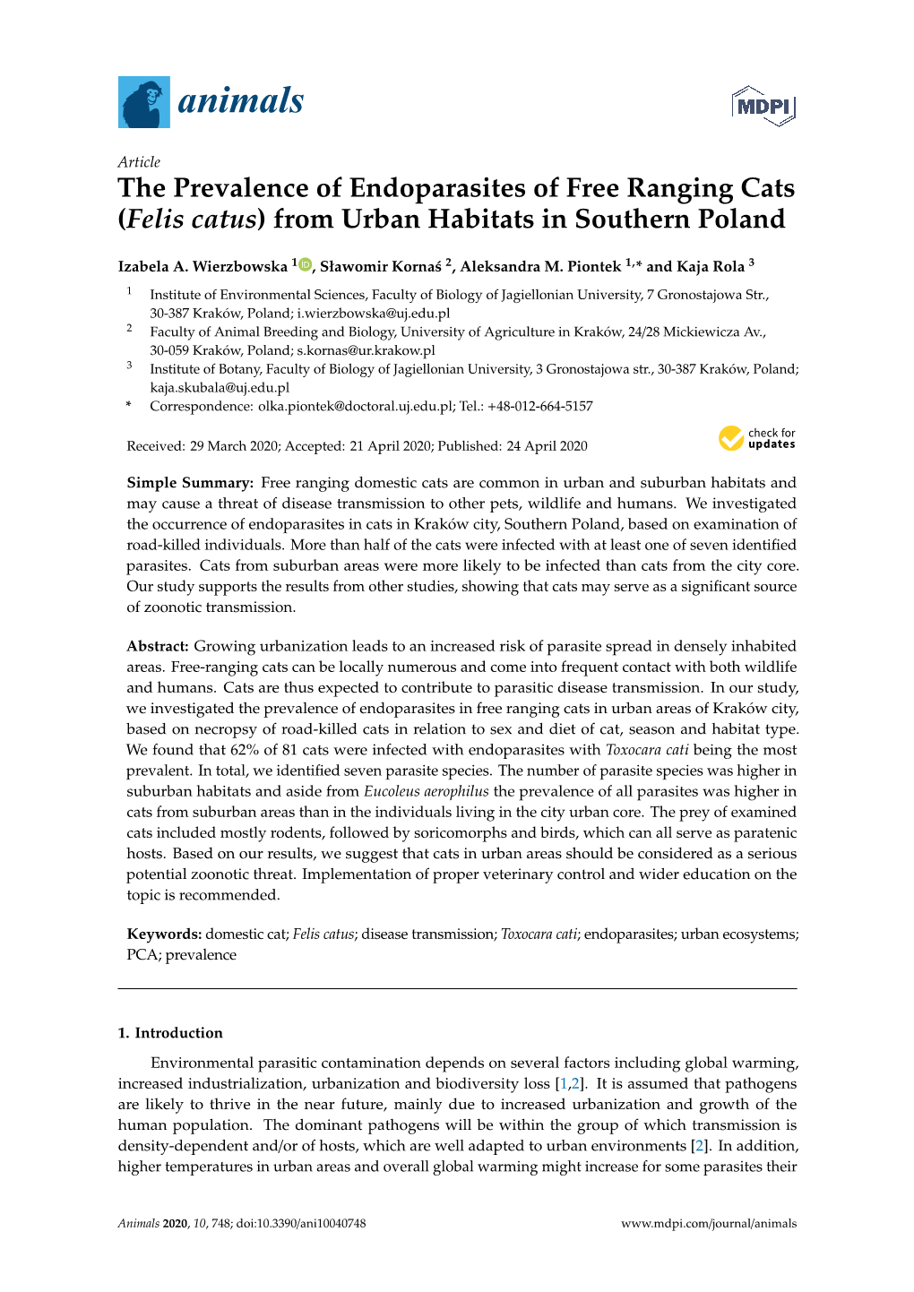 The Prevalence of Endoparasites of Free Ranging Cats (Felis Catus) from Urban Habitats in Southern Poland