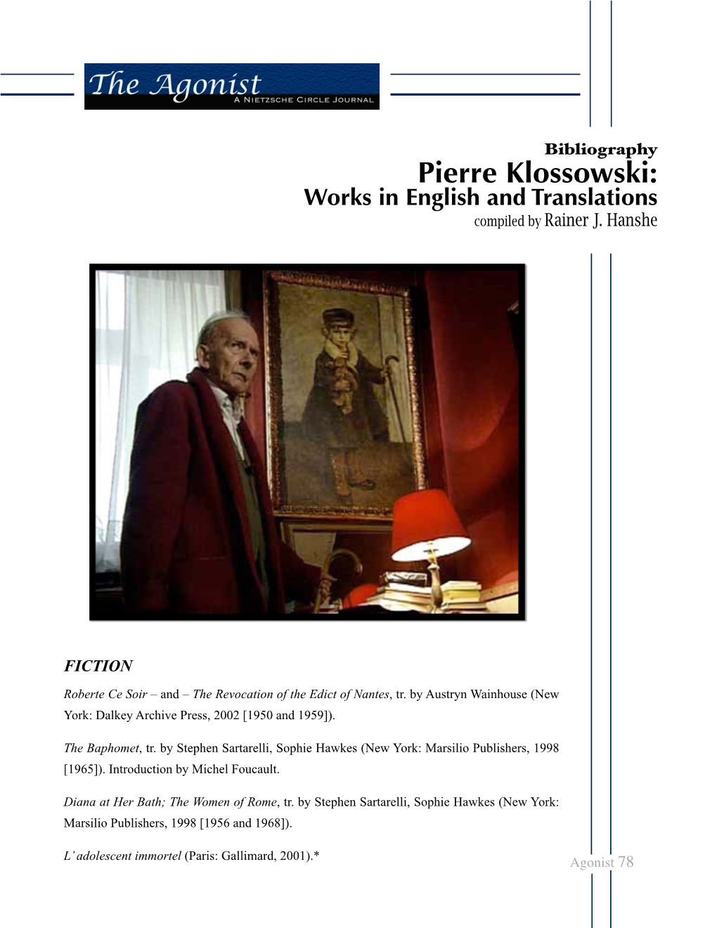 Pierre Klossowski: Works in English and Translations Compiled by Rainer J