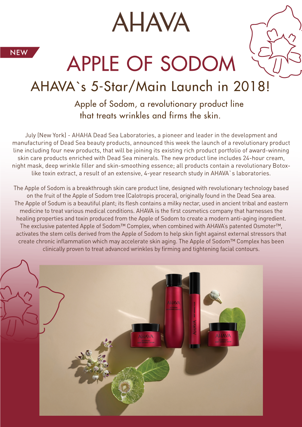 APPLE of SODOM AHAVA`S 5-Star/Main Launch in 2018! Apple of Sodom, a Revolutionary Product Line That Treats Wrinkles and Firms the Skin