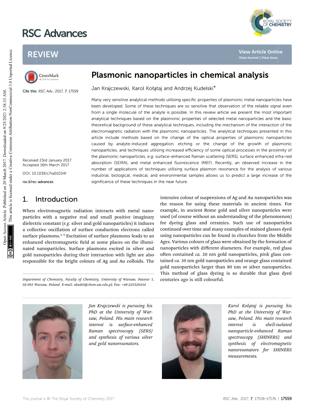 Plasmonic Nanoparticles in Chemical Analysis