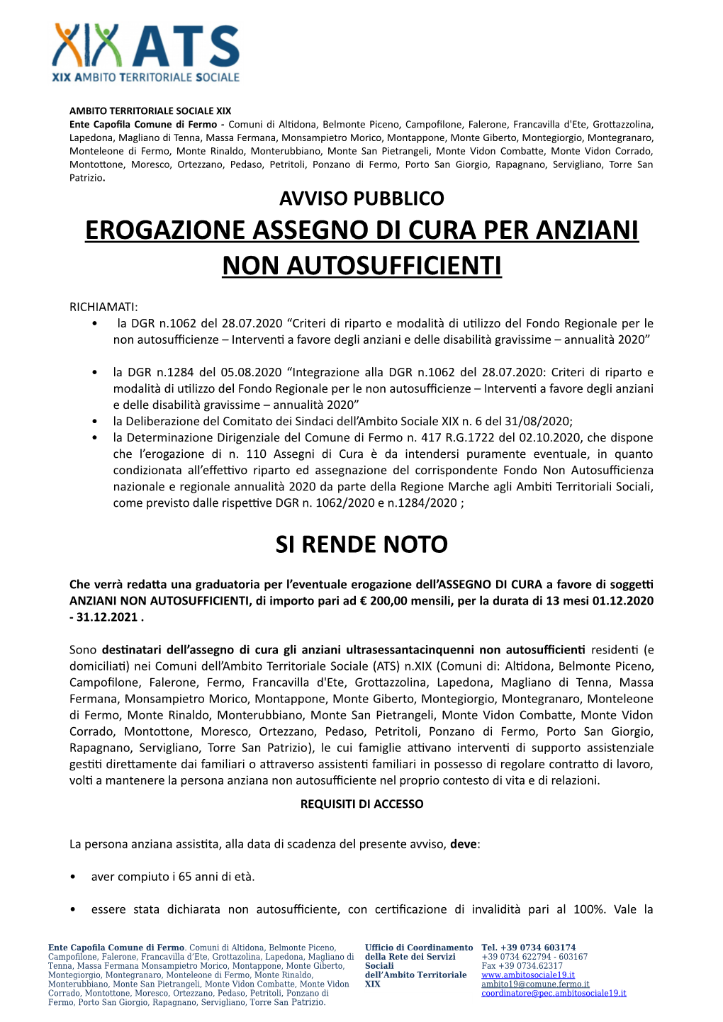 Avviso Pubblico Erogazione Assegno Di Cura Per Anziani Non Autosufficienti