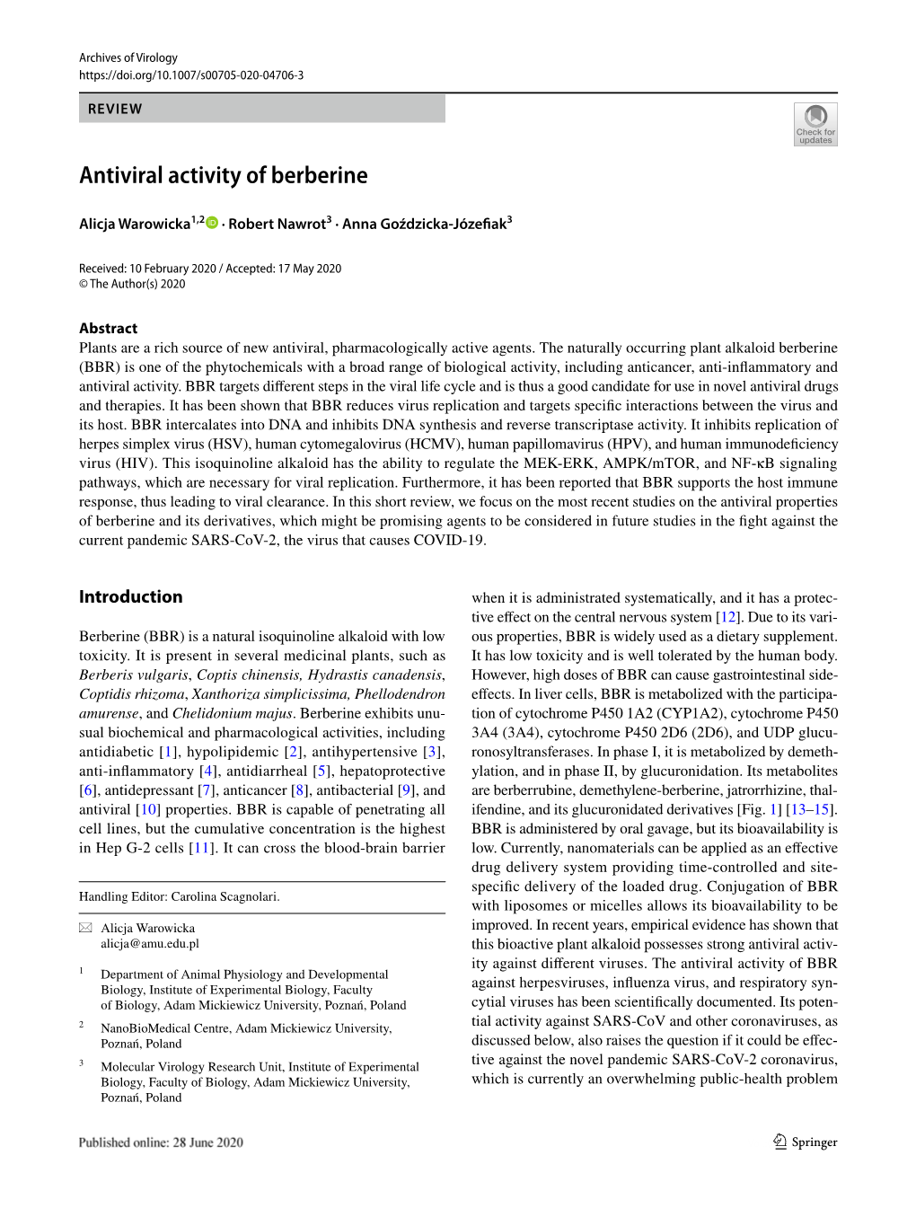 Antiviral Activity of Berberine