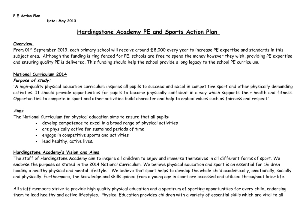 Hardingstone Academy PE and Sports Action Plan 2013-2015