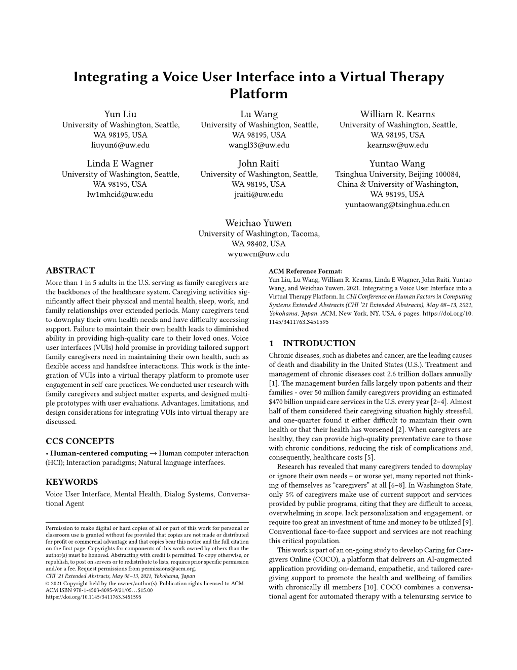 Integrating a Voice User Interface Into a Virtual Therapy Platform Yun Liu Lu Wang William R