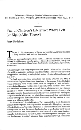 Fear of Children's Literature: What's Left (Or Right) After Theory?