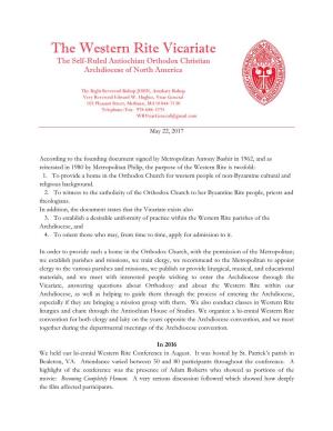 The Western Rite Vicariate the Self-Ruled Antiochian Orthodox Christian Archdiocese of North America