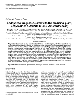 Endophytic Fungi Associated with the Medicinal Plant, Achyranthes Bidentata Blume (Amaranthaceae)