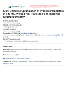 1 Multi-Objective Optimization of Process Parameters in TIG-MIG