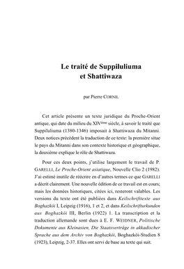 Cornil, Pierre "Le Traite De Suppiluliuma Et Shattiwaza"