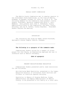 October 13, 2014 MOBILE COUNTY COMMISSION the Mobile County Commission Met in Regular Session in the Government Plaza Auditorium