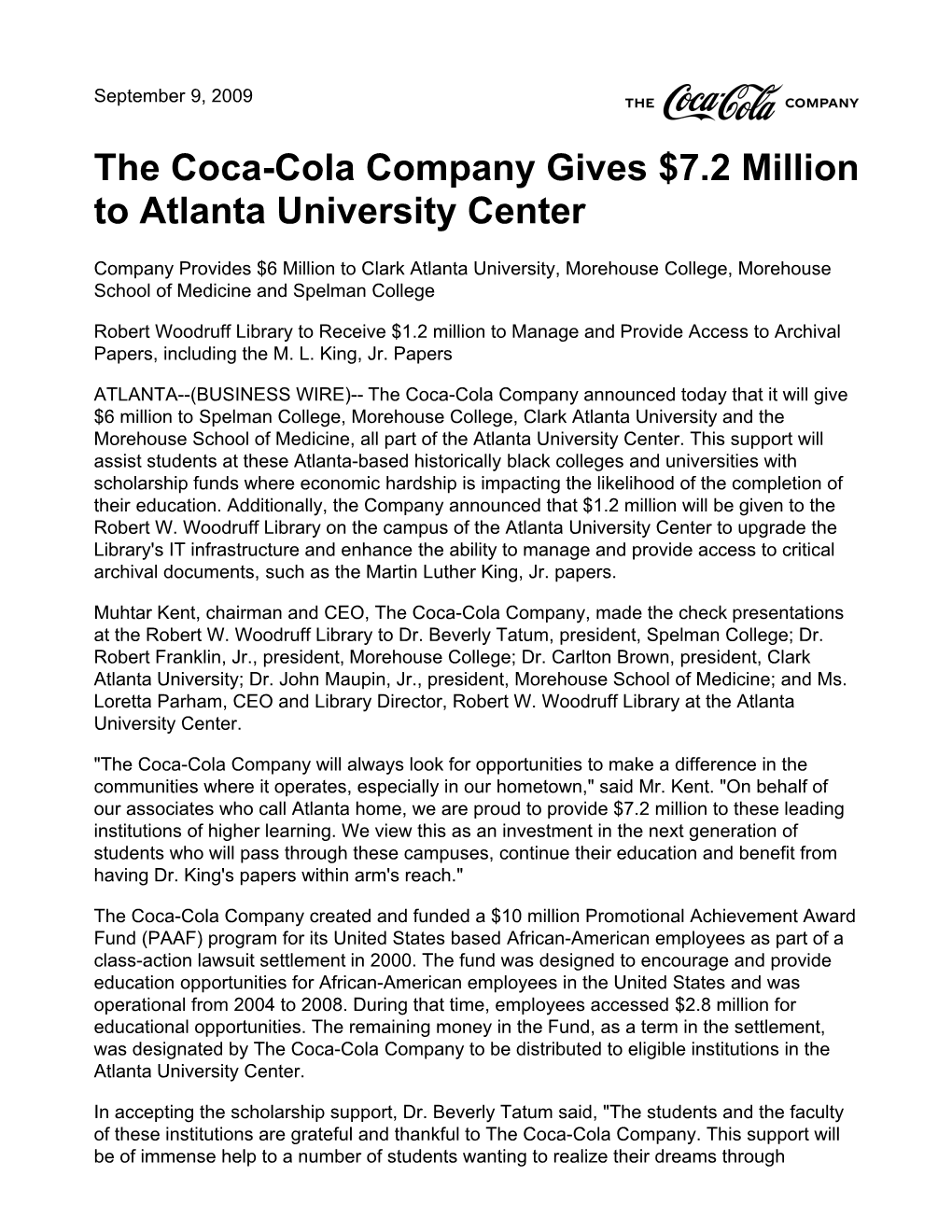 The Coca-Cola Company Gives $7.2 Million to Atlanta University Center