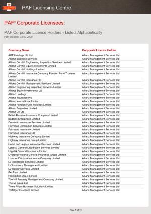 PAF Corporate Licence Holders - Listed Alphabetically PDF Created: 03 09 2020