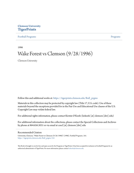 Wake Forest Vs Clemson (9/28/1996) Clemson University