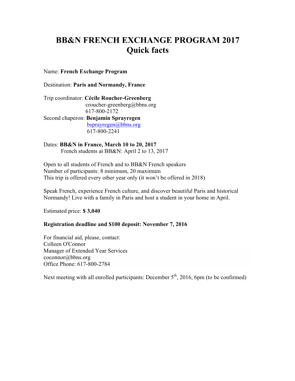 BB&N FRENCH EXCHANGE PROGRAM 2017 Quick Facts