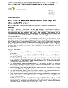 NLFI and A.S.R. Announce Indicative Offer Price Range and Offer Size for IPO of A.S.R