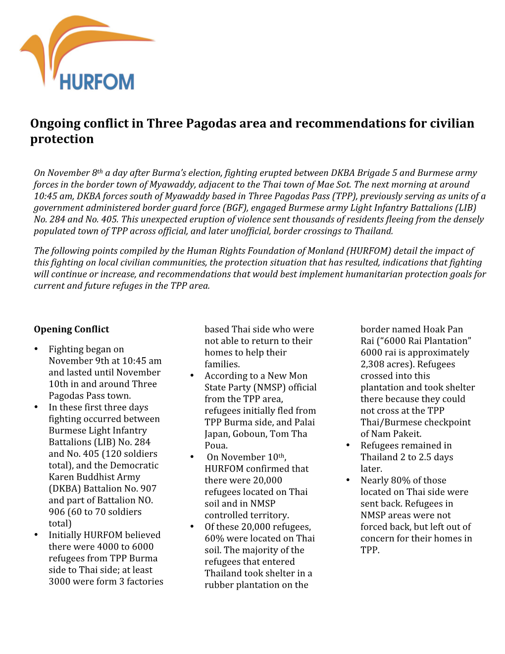 Ongoing Conflict in Three Pagodas Area and Recommendations for Civilian Protection