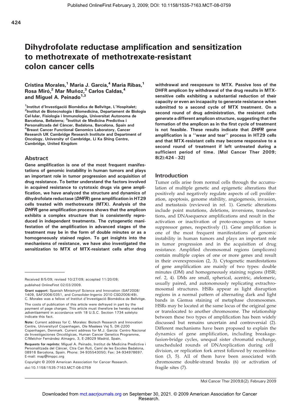 Dihydrofolate Reductase Amplification and Sensitization to Methotrexate of Methotrexate-Resistant Colon Cancer Cells