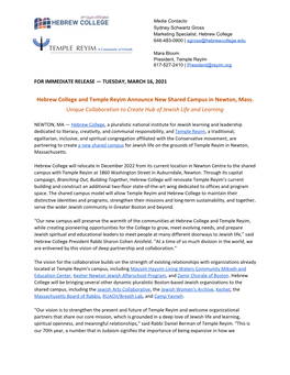 Hebrew College and Temple Reyim Announce​ ​New Shared Campus