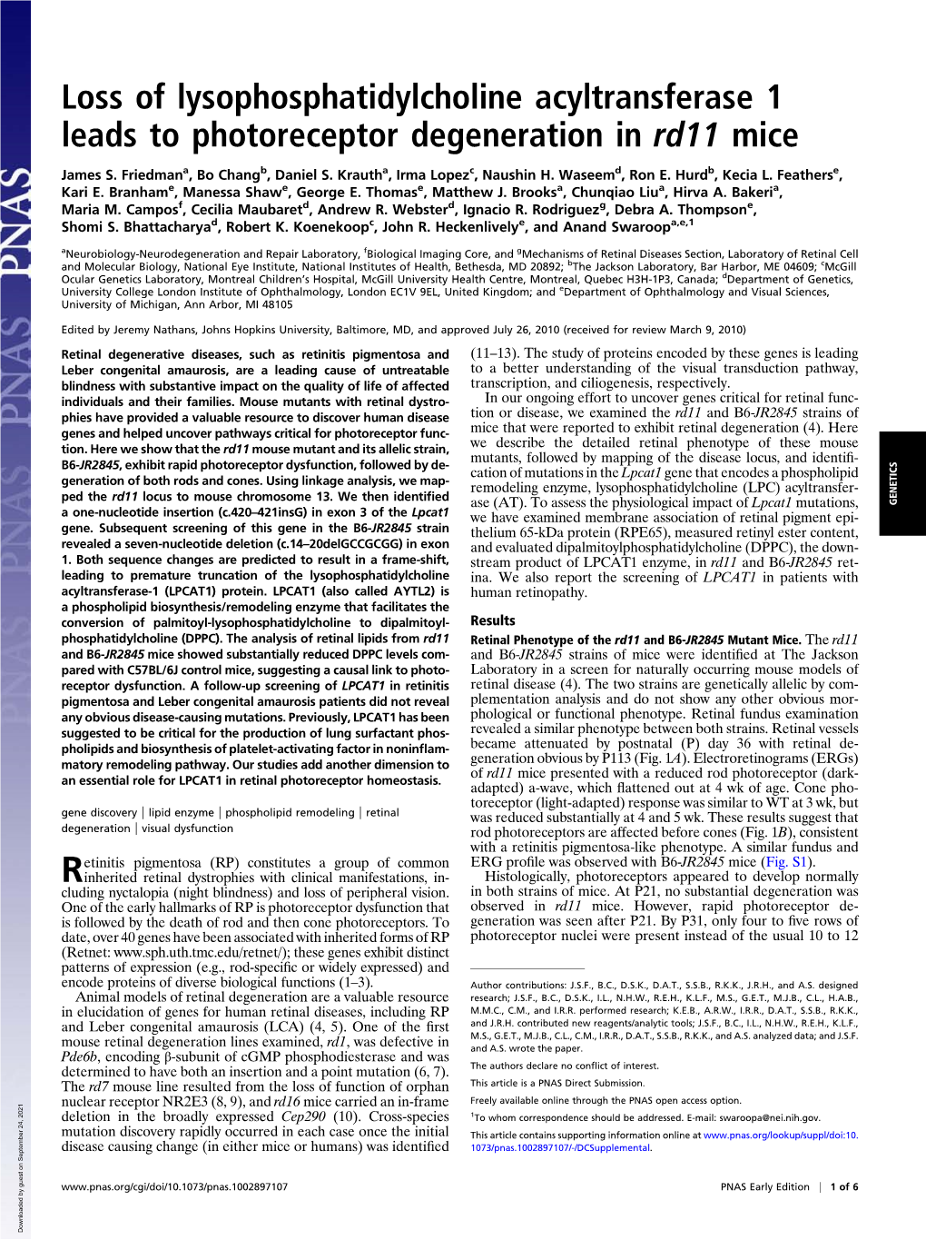 Loss of Lysophosphatidylcholine Acyltransferase 1 Leads to Photoreceptor Degeneration in Rd11 Mice