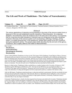 The Life and Work of Thudichum - the Father of Neurochemistry