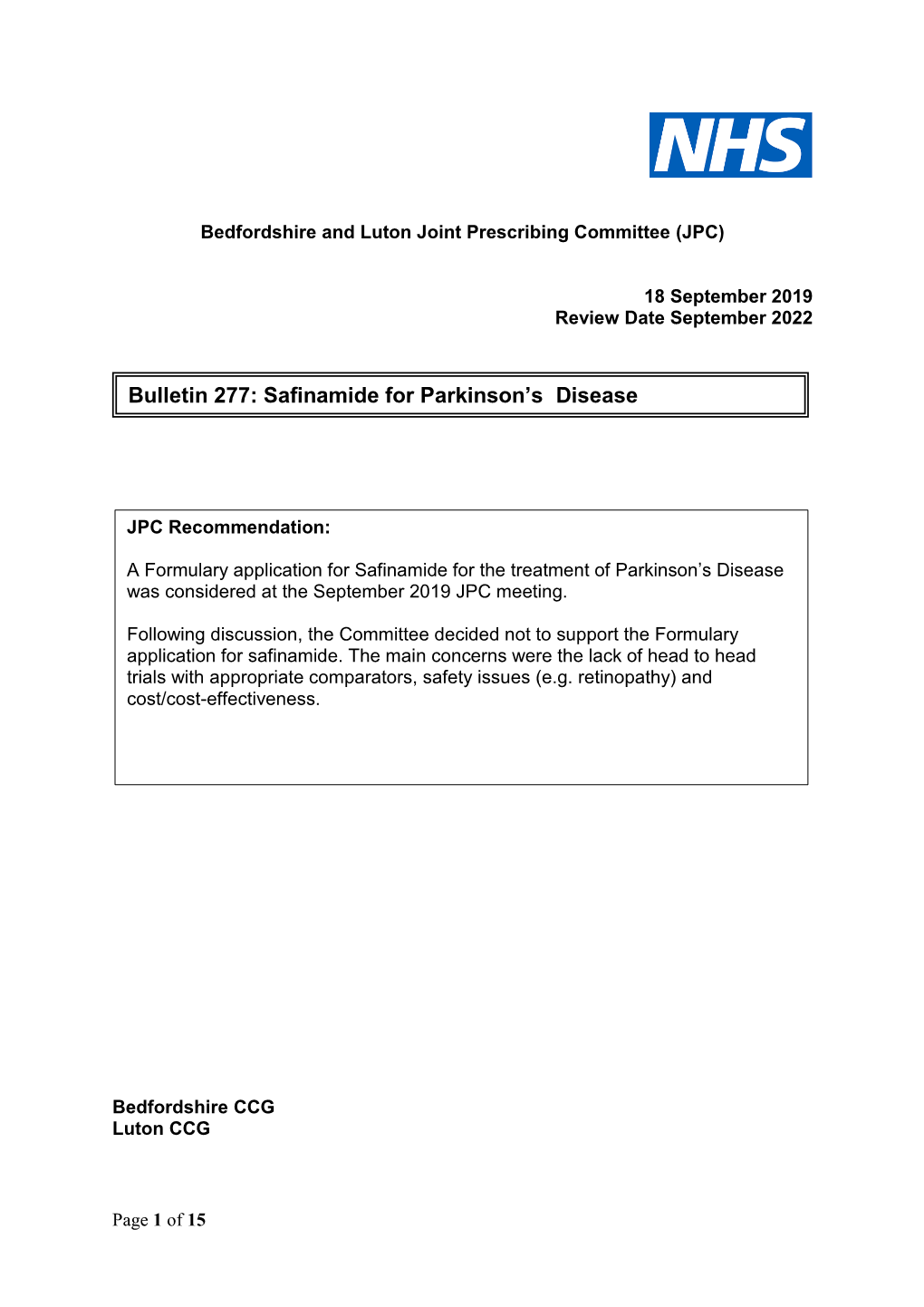 Safinamide for Parkinson's Disease