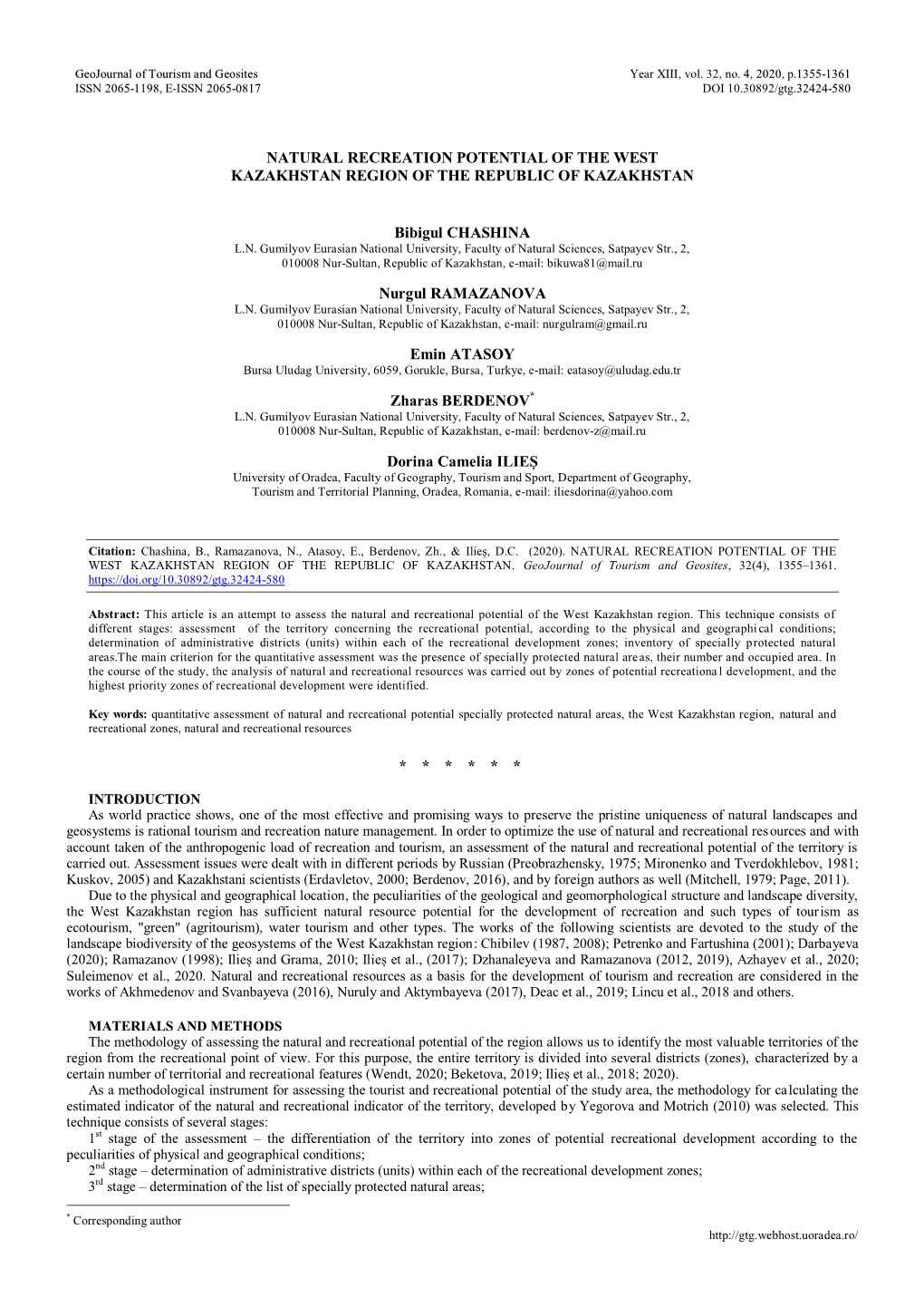 Natural Recreation Potential of the West Kazakhstan Region of the Republic of Kazakhstan