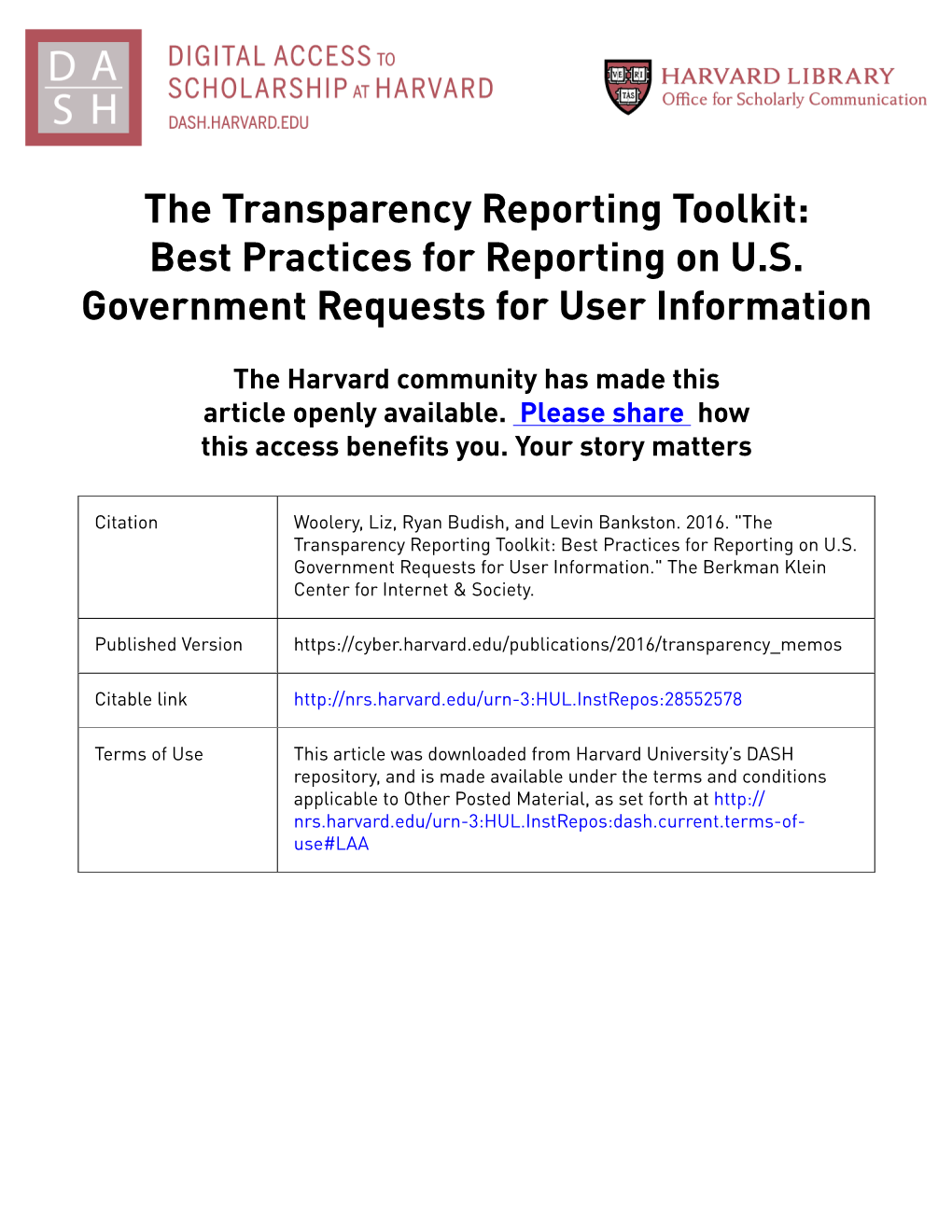 The Transparency Reporting Toolkit: Best Practices for Reporting on U.S