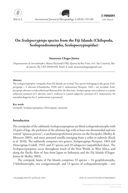 &lt;I&gt;Scolopocryptops&lt;/I&gt; Species from the Fiji Islands (Chilopoda