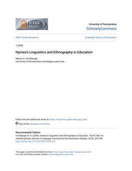 Hymes's Linguistics and Ethnography in Education