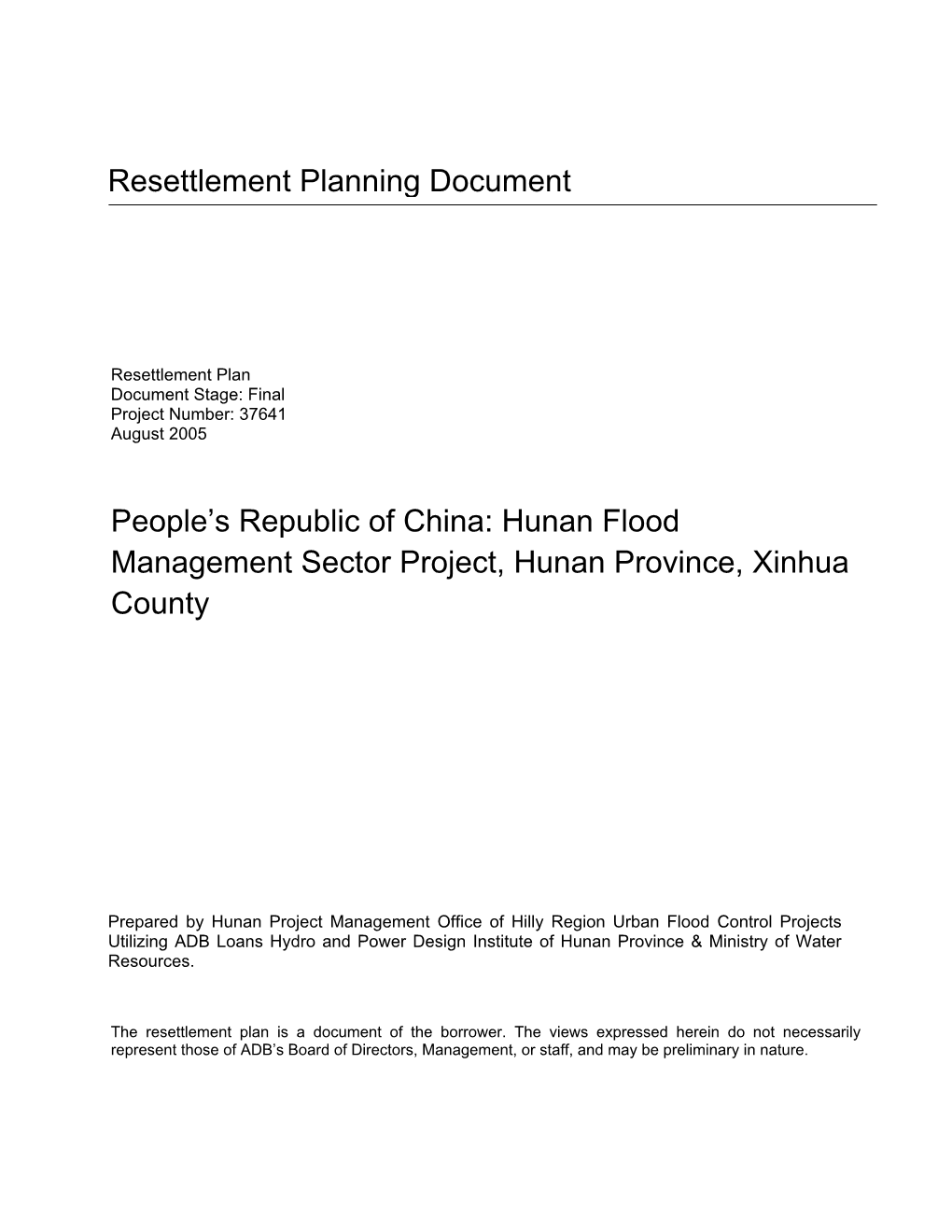 Hunan Flood Management Sector Project, Hunan Province, Xinhua County