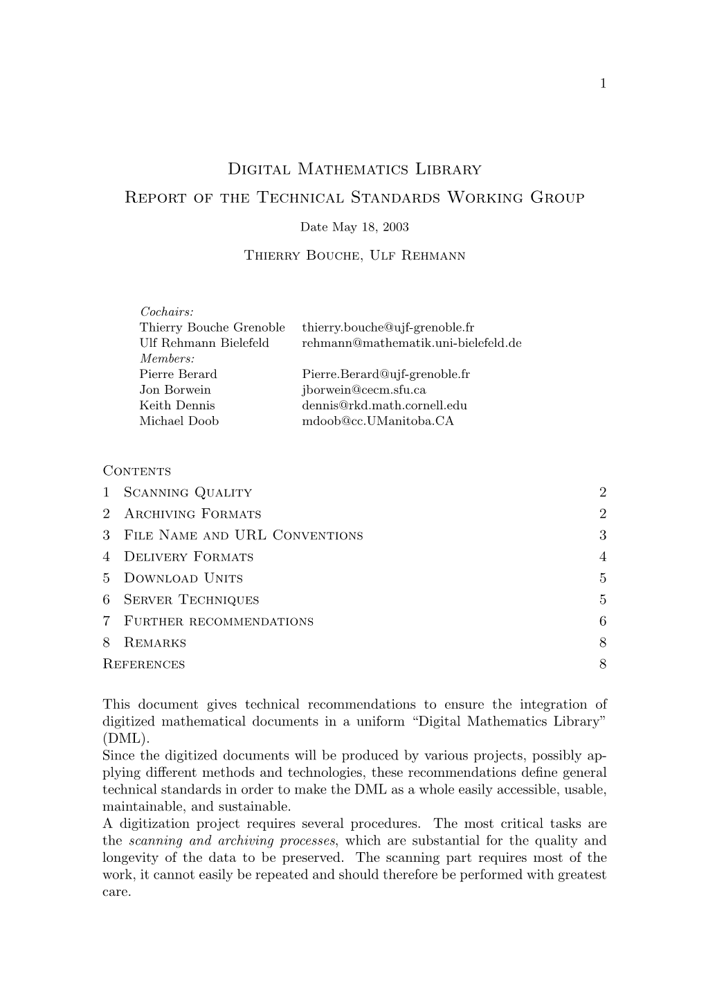 Digital Mathematics Library Report of the Technical Standards Working Group