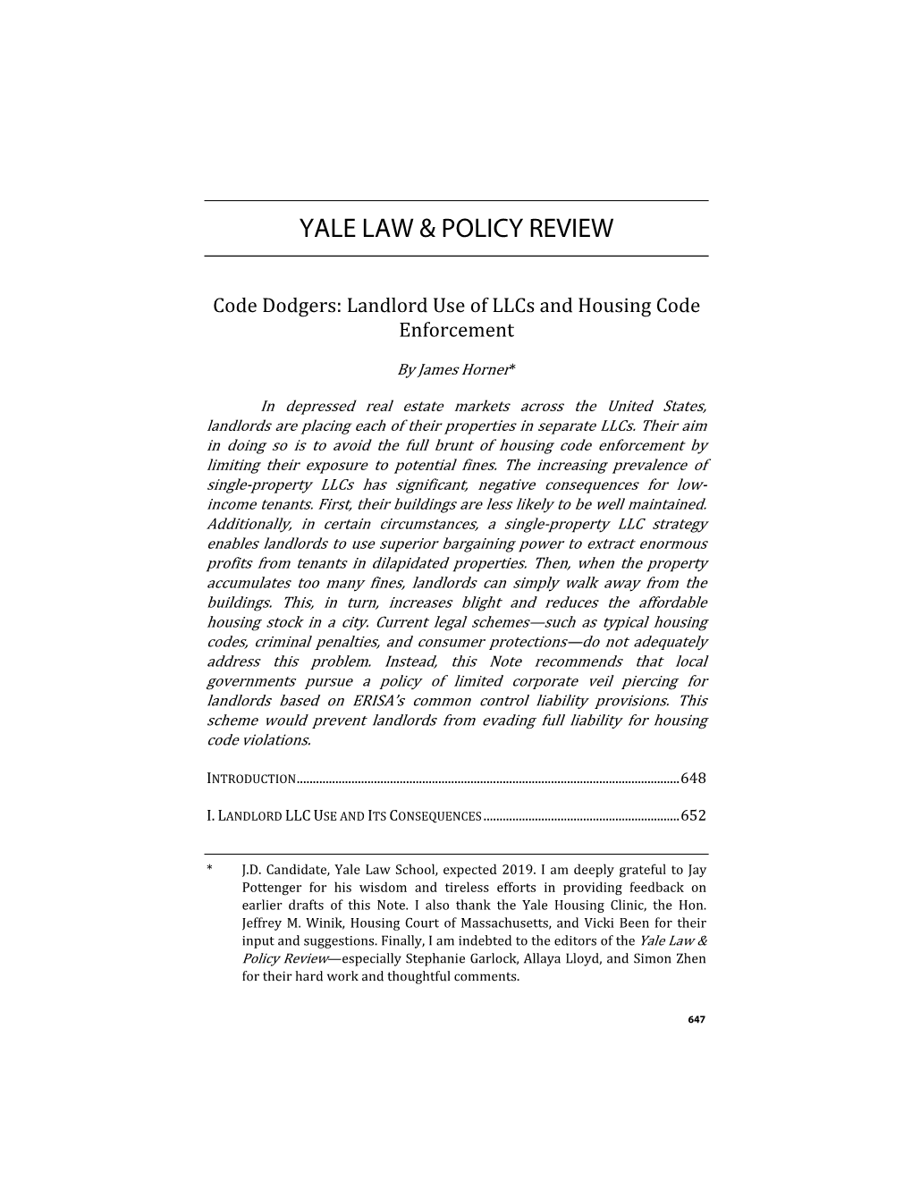 Landlord Use of Llcs and Housing Code Enforcement