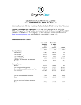 Rhythmone Plc Announces Audited Full Year Financial Year 2017 Results