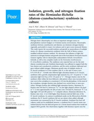 Isolation, Growth, and Nitrogen Fixation Rates of the Hemiaulus-Richelia (Diatom-Cyanobacterium) Symbiosis in Culture