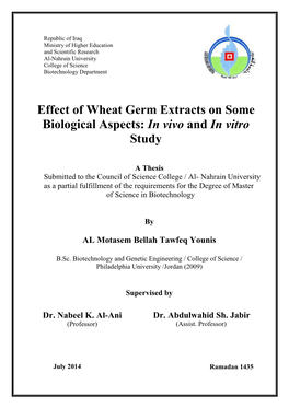 Effect of Wheat Germ Extracts on Some Biological Aspects: in Vivo and in Vitro Study
